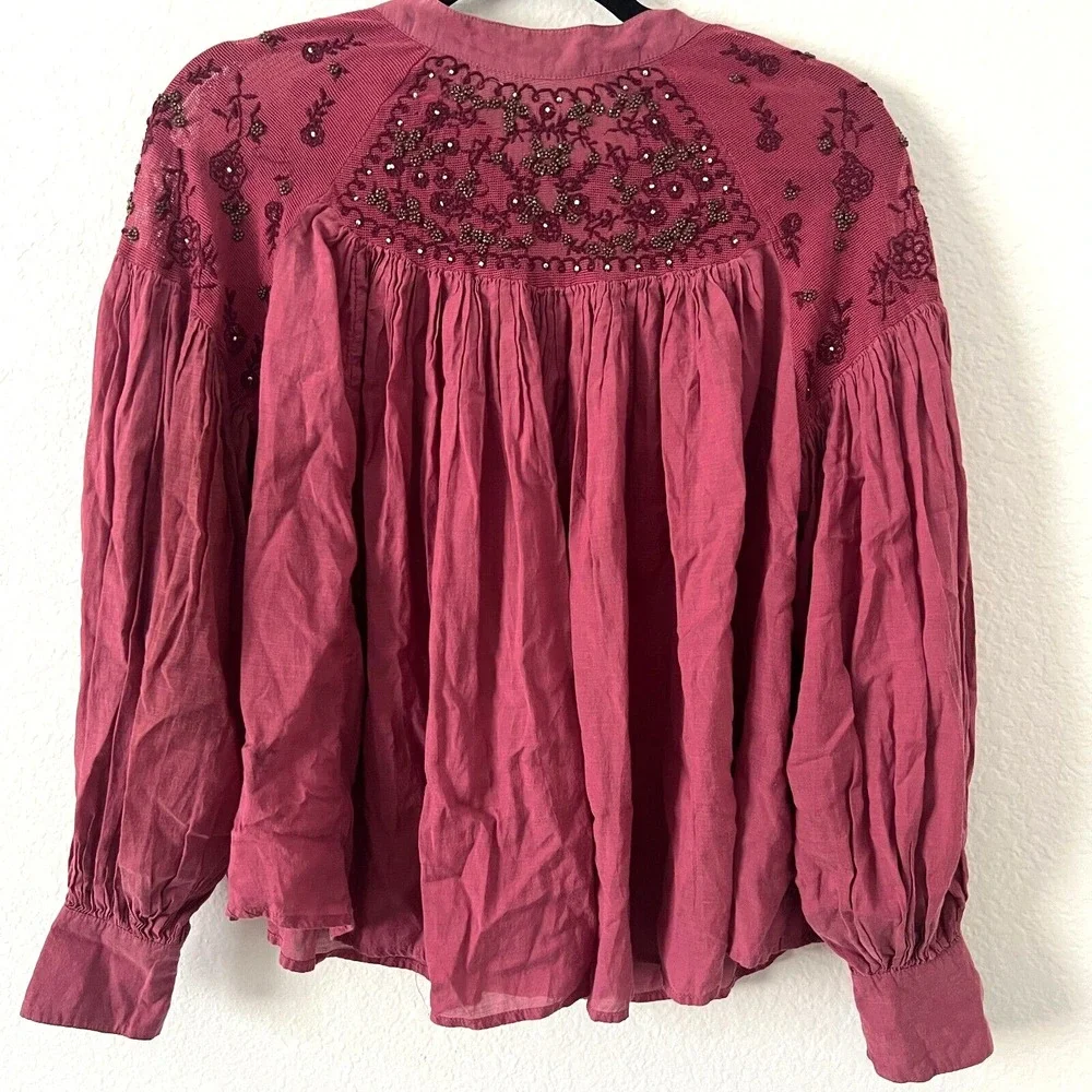 Free People Size XS Have‎ It My Way Top Beaded Tie Back Peasant Pink Boho Fairy